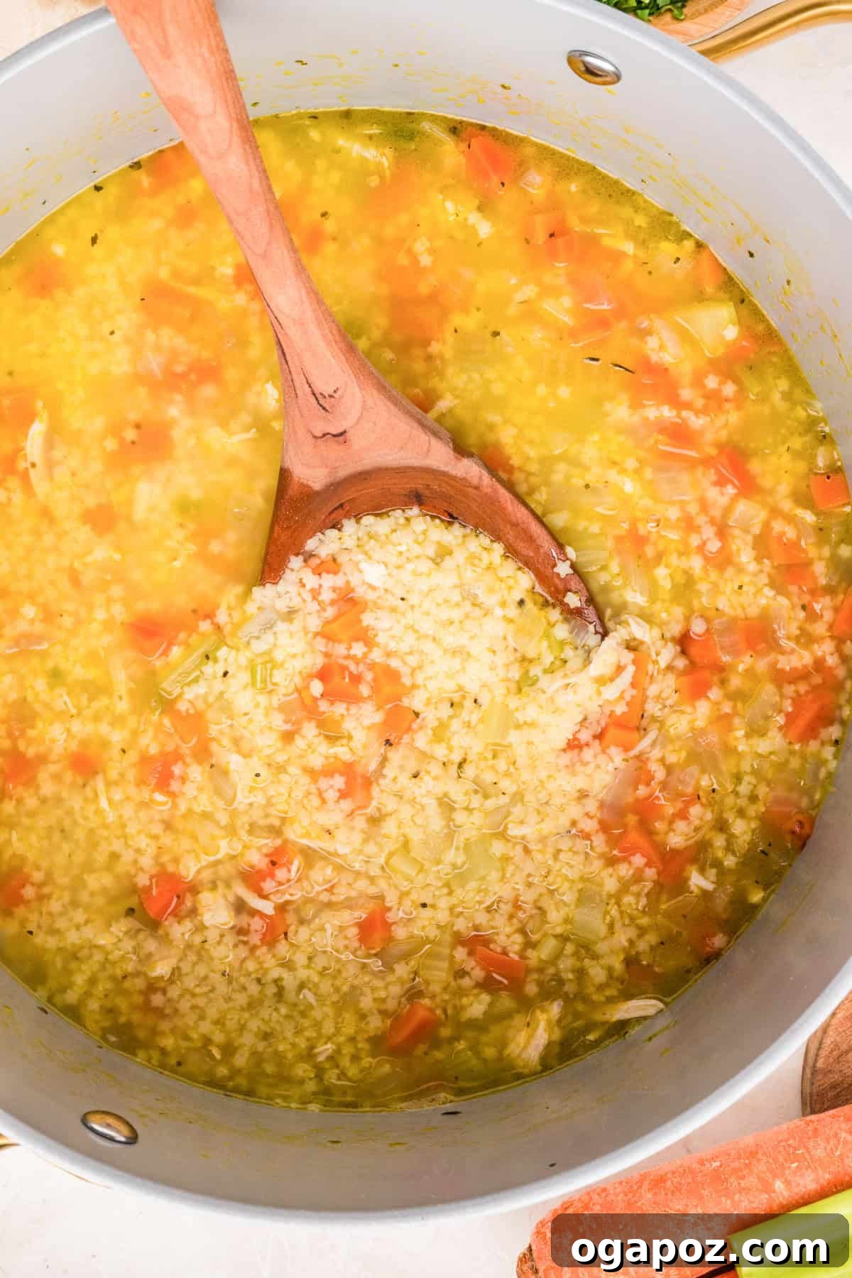 Chicken Pastina in a duch oven with a spoon 